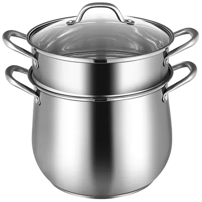 2-tier Steamer Pot Saucepot Stainless Steel W/ Tempered Glass Lid