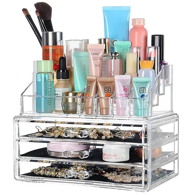 Acrylic Cosmetic Makeup Organizer Detachable 3 Drawers Cube Clear Storage Container Box 9.4" X 7.5"
