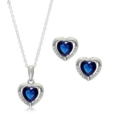 Sterling Silver 18" With Center Blue Cz Pendant And Stud Earrings Set