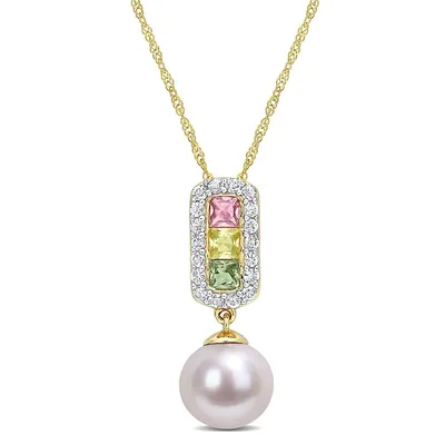 Cultured Freshwater Pearl And 7/8 Ct Tgw Multi Color Sapphire Halo Drop Pendant And Chain In 14k Yellow Gold