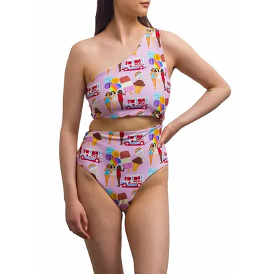 One-shoulder Printed One-piece Swimsuit