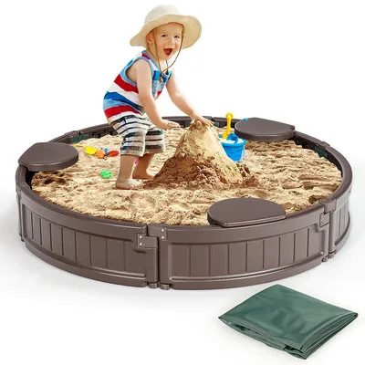 4f Wooden Sandbox W/built-in Corner Seat, Cover, Bottom Liner For Outdoor Play