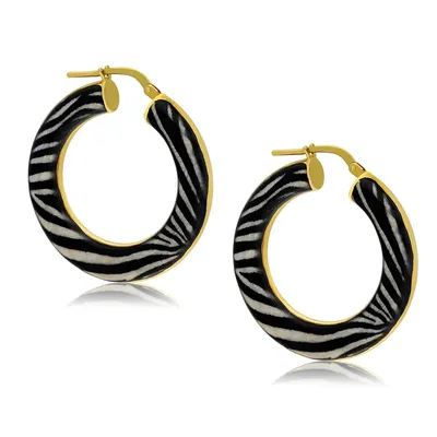 18kt Gold Plated Flat Tapered With Zebra Enamel Hoop Earrings