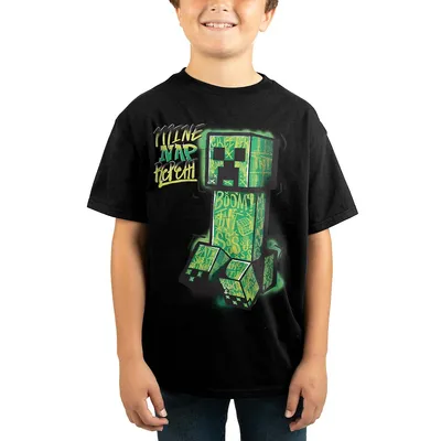 Minecraft Creeper Mine Nap Repeat Kids Black T-shirt