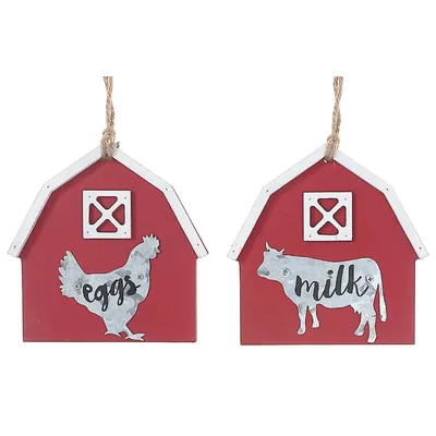 Barn Ornament With Galvanized Animal Cow/rooster Asstd - Set Of 2
