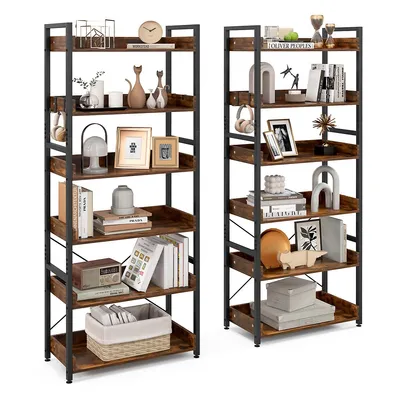 2 Pcs 6-tier Bookshelf Open Display Shelves Storage Rack Metal Frame With 4 Hooks