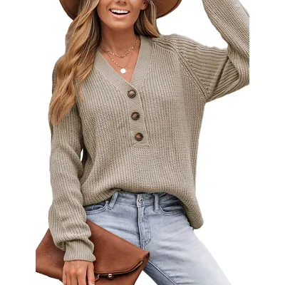 Women's Raglan Sleeves Half-buttoned Sweater