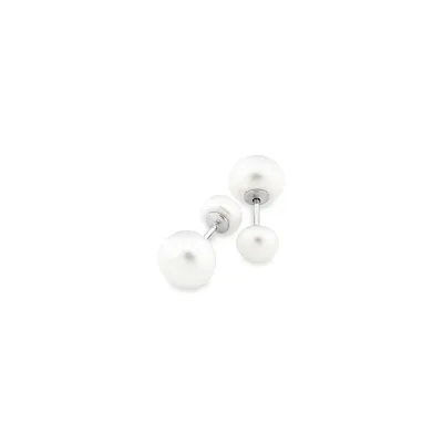 Front & Back Stud Earrings With Button Cultured Freshwater Pearls In Sterling Silver