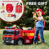 12v Ride-on Fire Truck With Pretend Play Accessory Set Hat, Water Gun, Extinguisher, Leather Seats, Parental Remote Control, Handle Bar And Caster Wheels, Led Lighting, Mp3