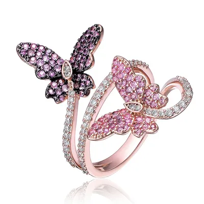 Sterling Silver 18k Rose Gold And Black Plating With Pink Cubic Zirconia Modern Ring