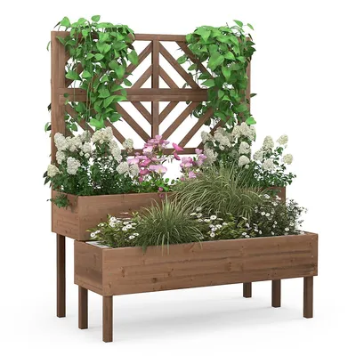 2-tier Raised Garden Bed With Trellis Wooden Elevated Planter Box For Vegetables