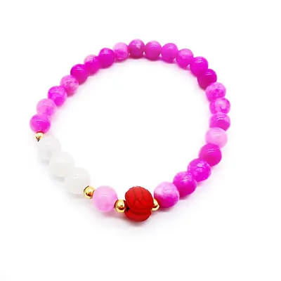 Natural White Jade And Fuchsia Rosetones Cinnabar Expandable Bracelet