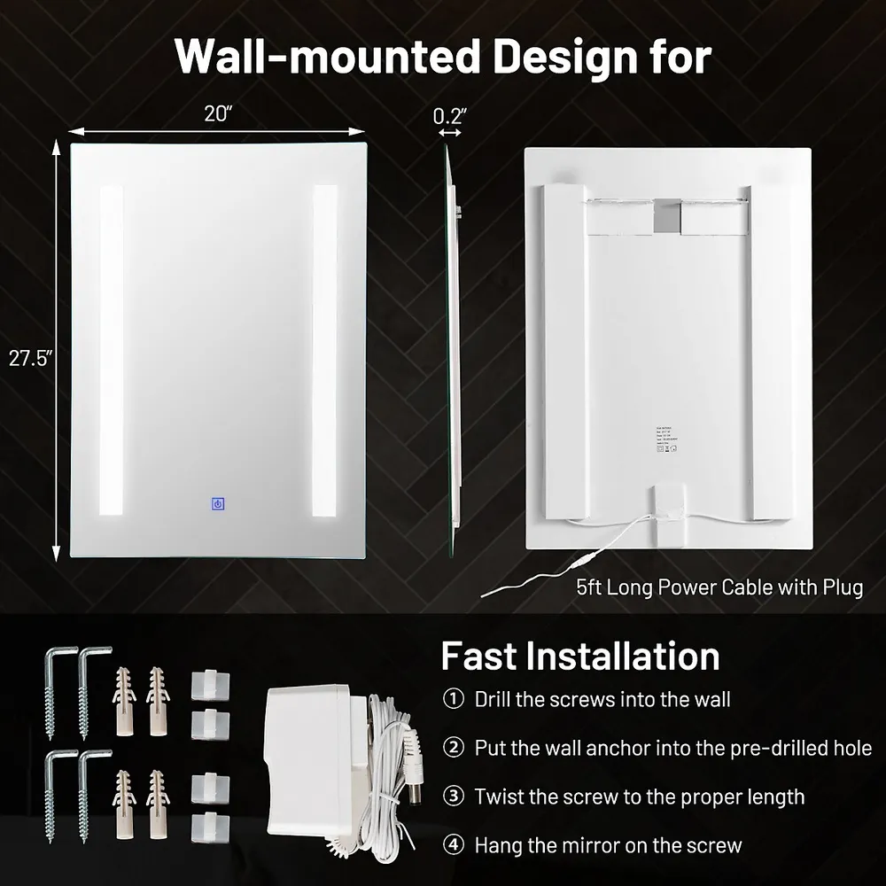 Bathroom Led Mirror Wall-mounted 3-color Dimmable Touch Button 27.5” X 20”
