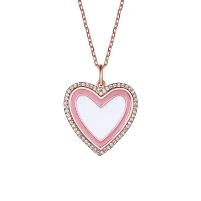 Children's 18k Rose Gold Plated With Cubic Zirconia And Enamel Halo Heart Pendant Necklace