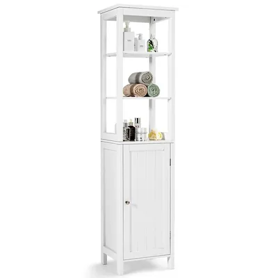 Bathroom Floor Storage Cabinet Freestanding Linen Tower W/ 3-tier Shelf & Door