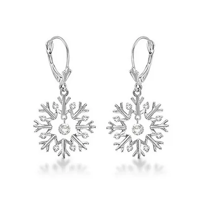 Snowflake Shaped Dangle Drop Diamond Earrings 14k White Gold (0.30ct)