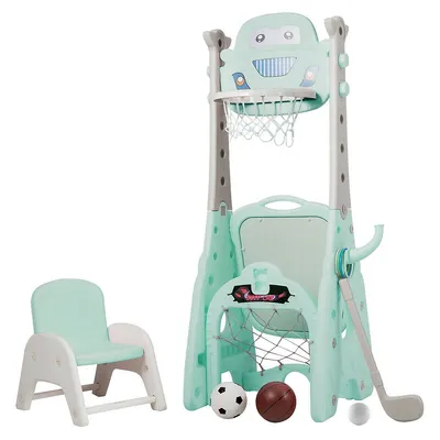 Kids Basketball Hoop Set 6-in-1 Adjustable Sports Activity Center Drawing Blue