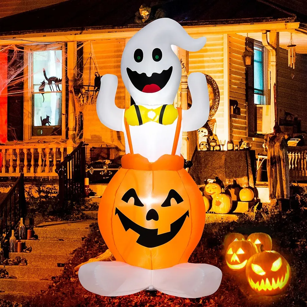 Costway 5 Ft Inflatable Halloween Pumpkin Ghost Blow-up Yard Decoration With Led Lights