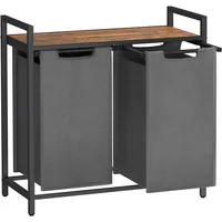 Laundry Hamper Sorter With 2 Bags, Metal Frame And Rustic Brown/black Shelf And Grey Bins