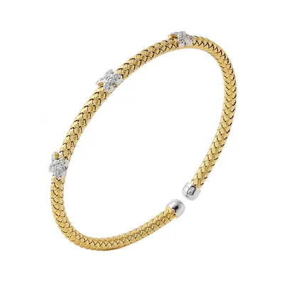 Bassano Sterling Silver Two-tone 18k Gold Plated Woven Cuff Bangle With Cubic Zirconia Triple X Accent