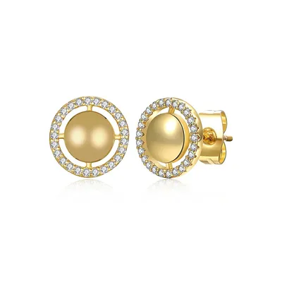 14k Yellow Gold Plated With Clear Cubic Zirconia Eternity Halo Medallion Stud Earrings