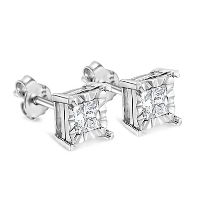 925 Sterling Silver 1/ Cttw Miracle Set Princess-cut Diamond Solitaire Stud Earrings (h-i Color