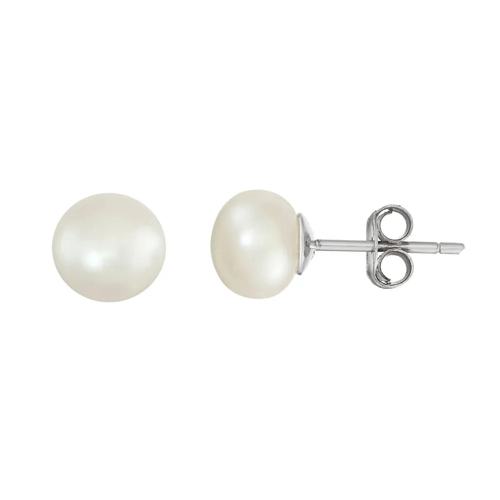 Sterling Silver Round Cz & White Pearl Stud Set