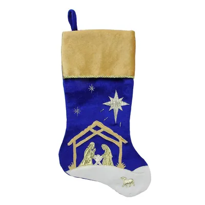 20.5" Blue And Gold Nativity Scene Christmas Stocking With Gold Cuff