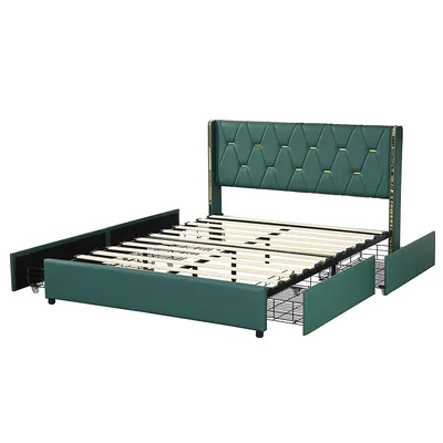 Upholstered Bed Frame With 4 Storage Drawers Headboard Green