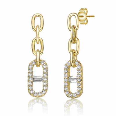 14k Yellow Gold Plated With Cubic Zirconia Triple Chain Mariner Anchor Link Drop Earrings