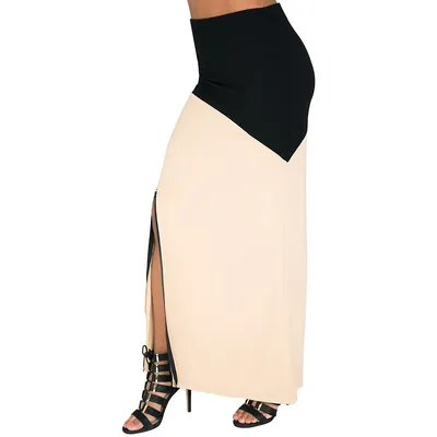 Curvy Women's Champagne Black Zip Up Split Stretch Maxi Skirt