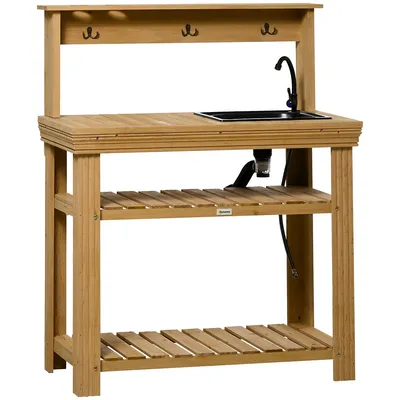 Outdoor Potting Bench With Faucet, Removable Sink, Shelves
