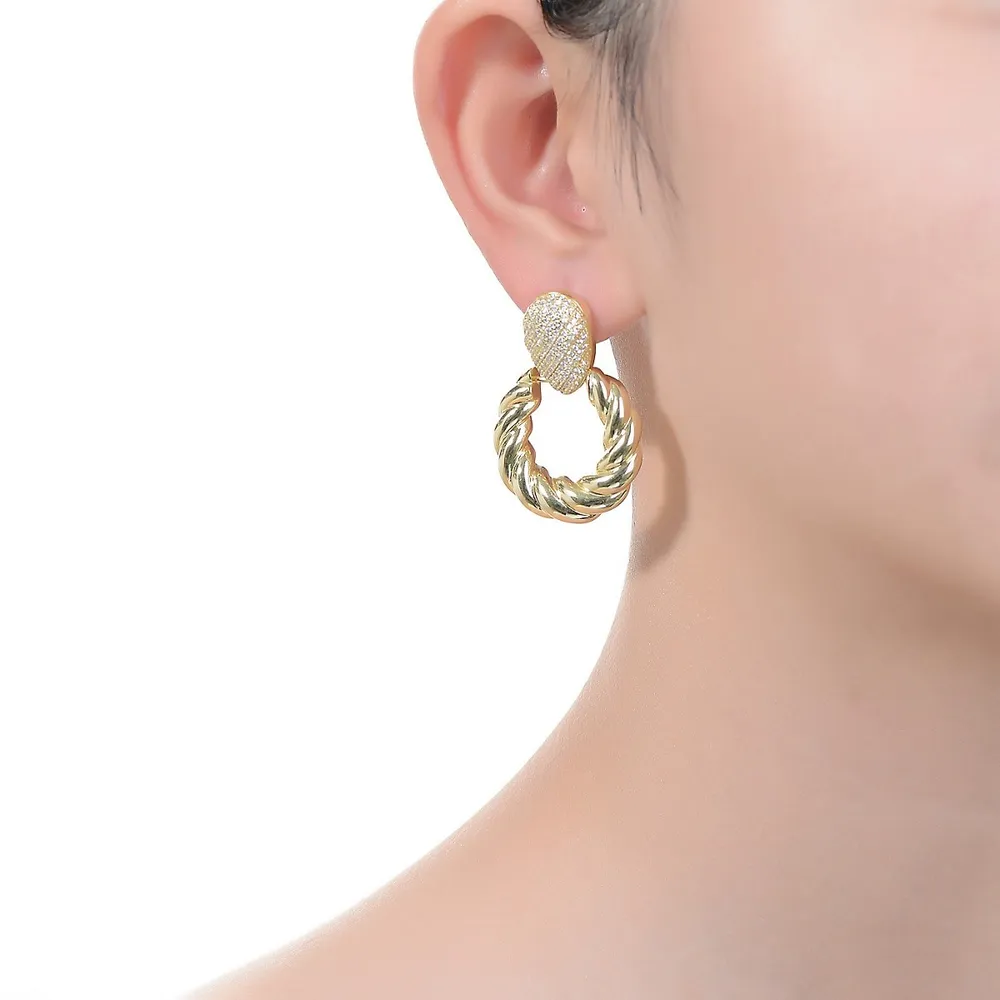 14k Yellow Gold Plated With Cubic Zirconia Pave Twisted Rope Drop Hoop Door Knocker Earrings
