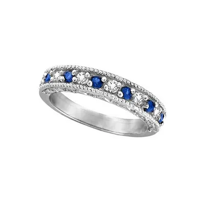 Designer Diamond And Blue Sapphire Ring Band 14k White Gold (0.59ct)