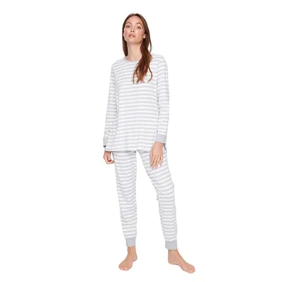 Women Striped Knitted T-shirt-trousers Pajama Set