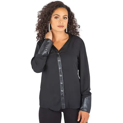 Curvy Women's Chiffon Vegan Leather Trim V-neck Blouse