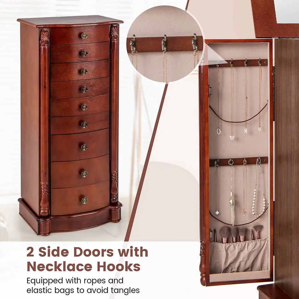 Costway Wood Jewelry Cabinet Armoire Box Storage Chest Stand Organizer  Necklace