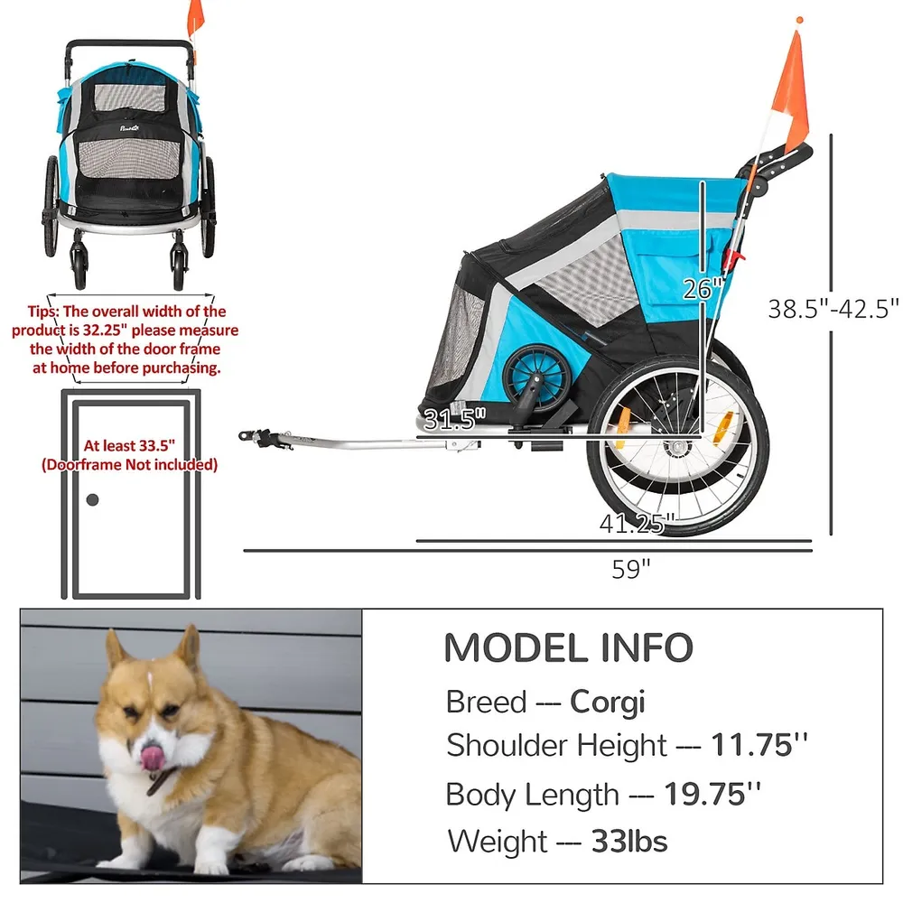 2-in-1 Pet Bike Trailer Dog Stroller With Safety Leash Wheel