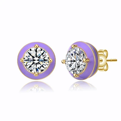 Teens 14k Yellow Gold Plated With Clear Cubic Zirconia Amethyst Enamel Round Stud Earrings