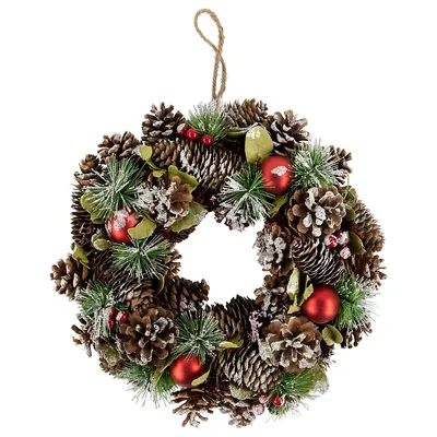 Red Ornament With Frosted Pinecone And Pine Needle Christmas Wreath, 13.5-inch, Unlit