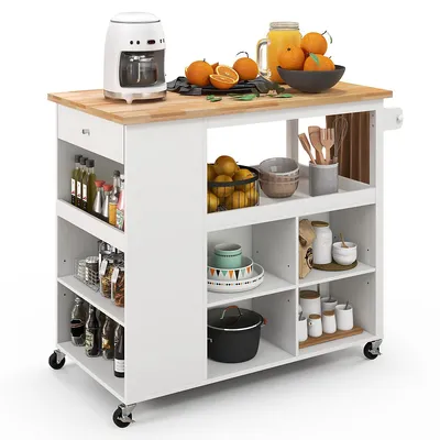 Kitchen Island Trolley Cart On Wheels With Storage Open Shelves & Drawer White/brown