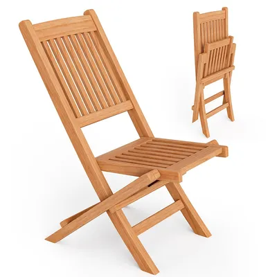 Patio Folding Chair Solid Teak Wood Slatted Seat Natural Portable Outdoor