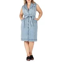 Women's Plus Belted Denim Pocket Midi Dress