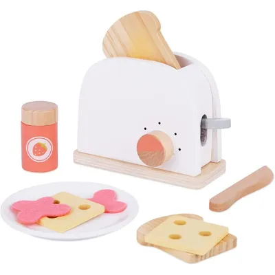 Wooden Toaster Play Set - 10pcs - Play Kitchen Toy With Pretend Food And Accessories, 3 Years +