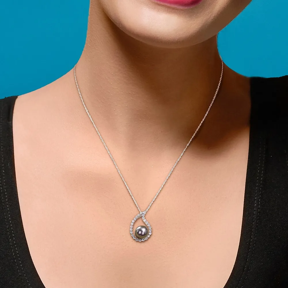 Tahitian Cultured Pearl And 3/8 Ct Tgw White Sapphire Teardrop Pendant With Chain In 10k White Gold