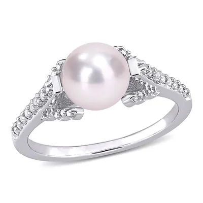 Freshwater Cultured Pearl And Diamond Accent Vintage Ring Sterling Silver