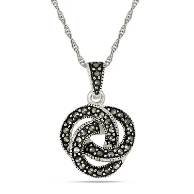 Sterling Silver 18" Marcasite Love Knot Pendant On Chain Necklace