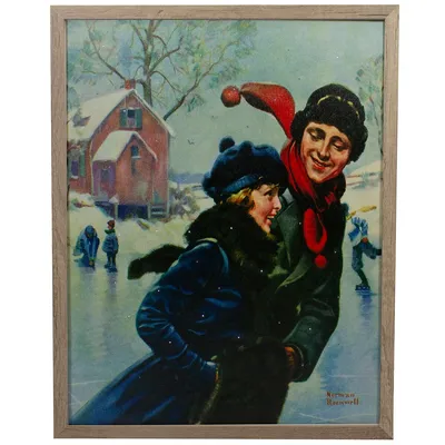 19" Fiber Optic Norman Rockwell 'couple Ice Skating' Christmas Wall Art