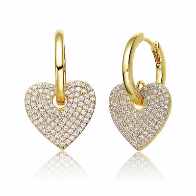Sterling Silver 14k Gold Plated With Cubic Zirconia Heart Dangle Hoop Drop Earrings