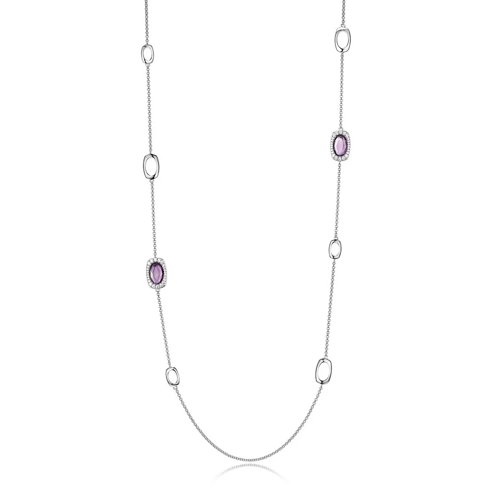 Rhodium-plated Sterling Silver Genuine Amethyst & Cubic Zirconia Station Long Necklace